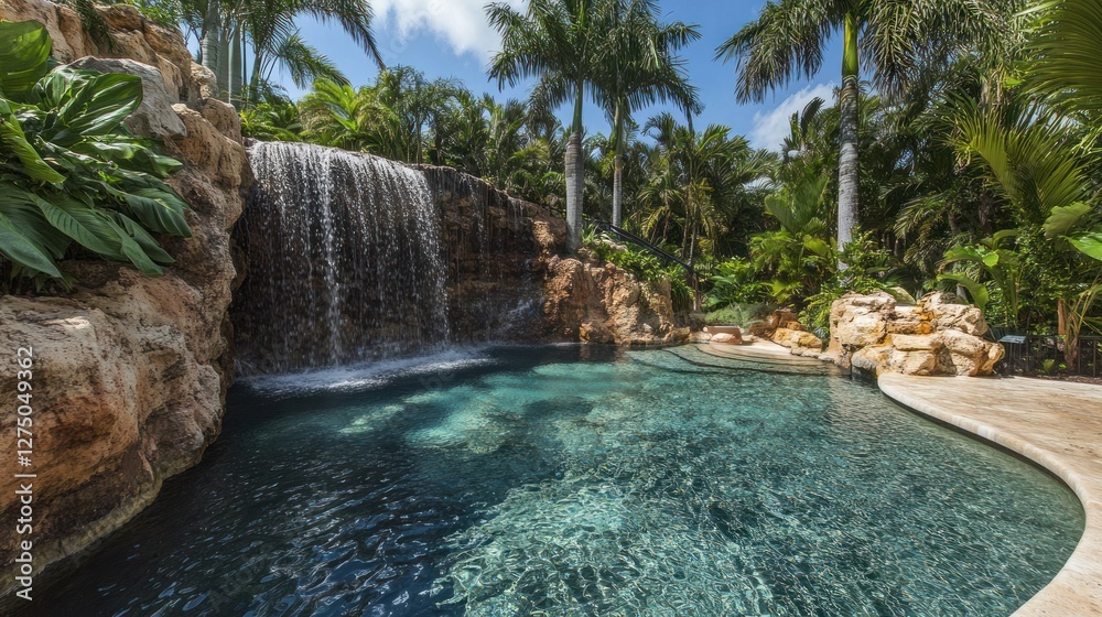 Naklejka premium Luxury Tropical Pool Oasis: Waterfall Paradise