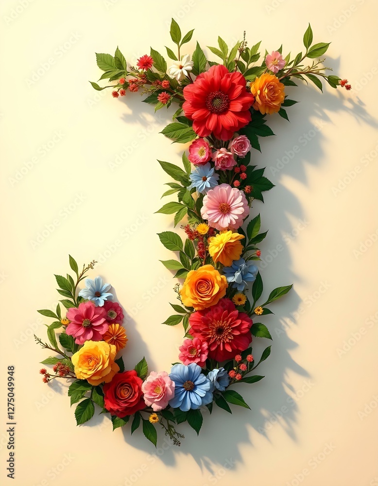 Obraz premium letter, J, floral, flowers, vibrant, colorful, artistic, elegant, design, organic, natural, red, yellow, pink, blue, white, blooms, green, leaves, accents, beige, background, soft, texture, warm, 