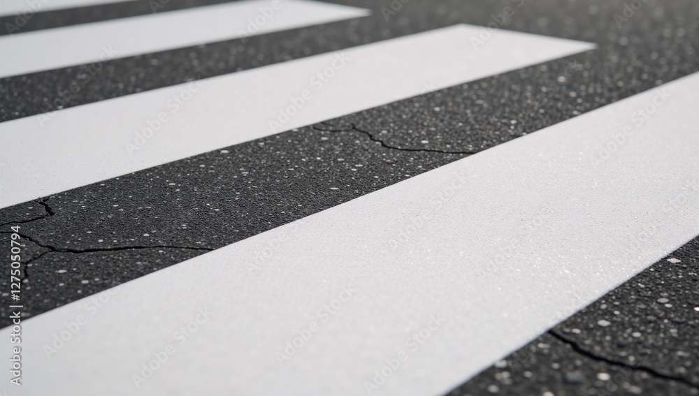 Fototapeta premium Close-up view of freshly marked pedestrian crossings with grey asphalt textures and contrasting white lines set against a cracked asphalt backdrop