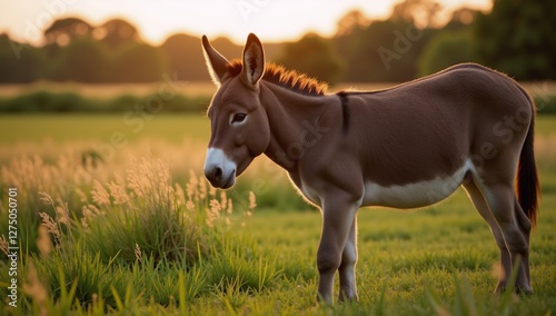 A baby donkey and mom nuzzle in peaceful rural field during golden hour capturing a serene moment of bonding