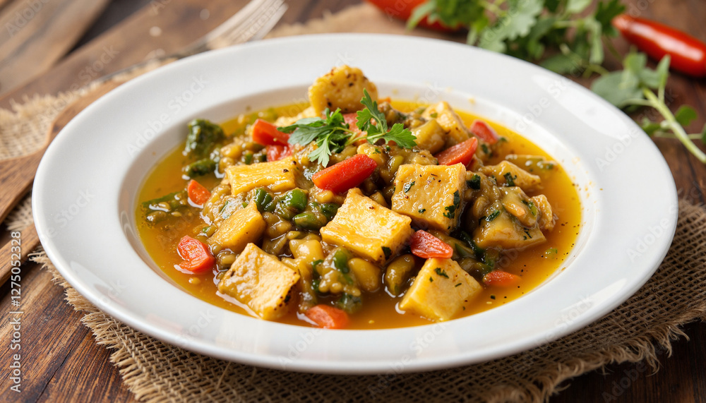 Delicious vegetable stew with tofu on wooden table Delicious vegetable stew with tofu on wooden table