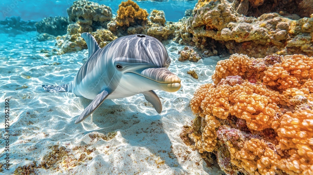 Fototapeta premium Playful Dolphin in Vibrant Coral Reef Underwater Paradise