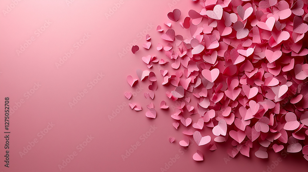 Obraz premium Colorful paper hearts scattered on a pink background