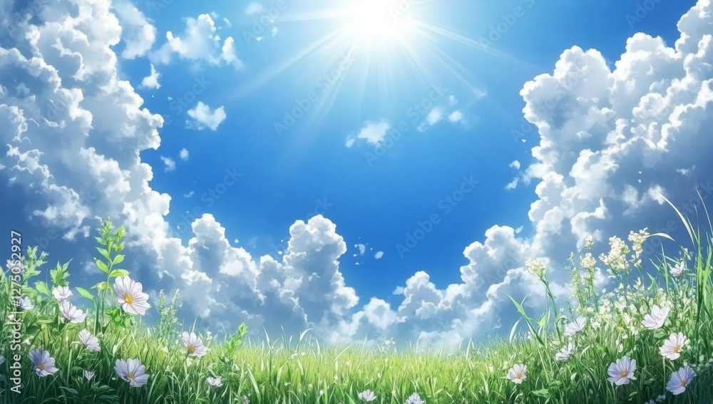 Sunny meadow, vibrant flowers, blue sky, fluffy clouds, idyllic spring scene Sunny meadow, vibrant flowers, blue sky, fluffy clouds, idyllic spring scene