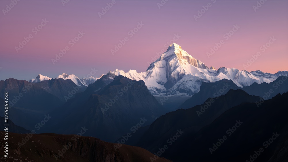 Obraz premium Panoramic view to summit Ama Dablam and snow peaks with beautiful light after sunset
