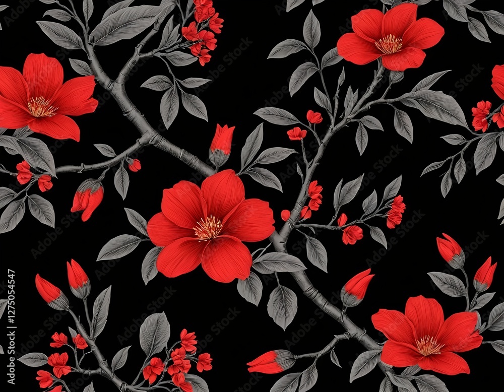 Red Flowers on Black Background Seamless Pattern Red Flowers on Black Background Seamless Pattern
