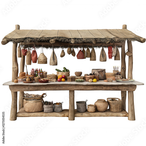 Rustic Wooden Stall Displaying Variety of Food Items