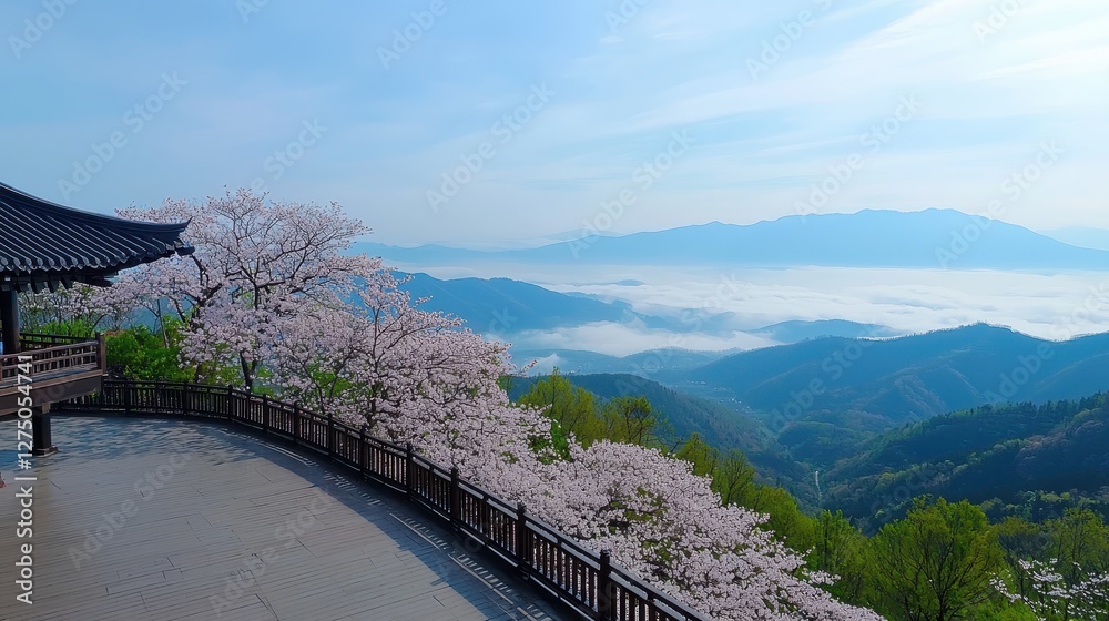 Fototapeta premium Wooden walkway leading through a scenic natural landscape with trees and grass