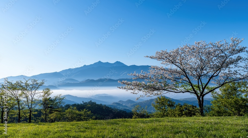 A solitary tree in the foreground of a majestic mountain landscape during daylight A solitary tree in the foreground of a majestic mountain landscape during daylight