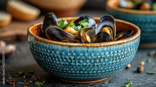 Steamed mussels in a blue bowl, bread in background photo