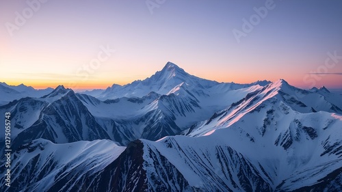 Panoramic view to summit Ama Dablam and snow peaks with beautiful light after sunset
