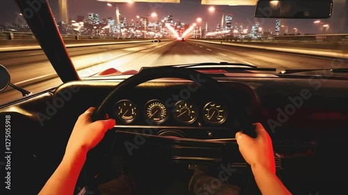 Adult man driving classic car at night in city