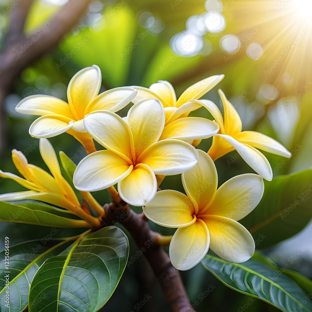 Fototapeta premium Radiant Plumeria Blossoms in Sunlight