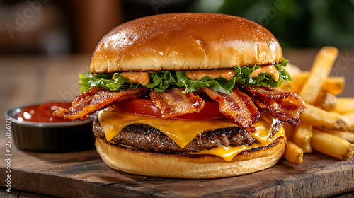 Juicy bacon cheeseburger with fries fast food restaurant food photography indoor setting close-up view indulgent meal