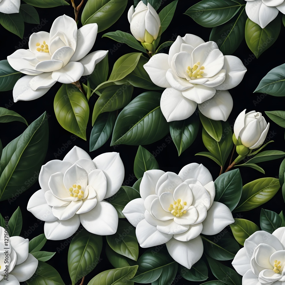 Seamless Pattern of White Gardenias and Lush Green Leaves Seamless Pattern of White Gardenias and Lush Green Leaves