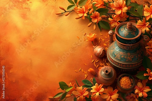 Traditional Indian pottery with orange marigold flowers and candles on orange background with copy space. Diwali, Durga Puja festival decor. Hindu celebrations