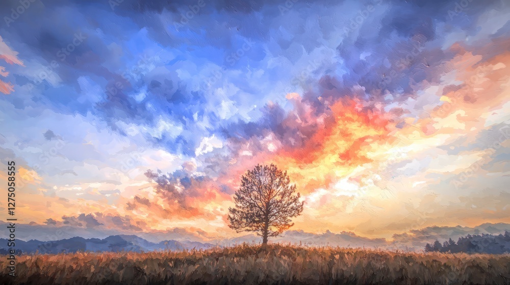 Obraz premium Serene Sunset Landscape Oil Painting Style Tree Meadow Vibrant Sky