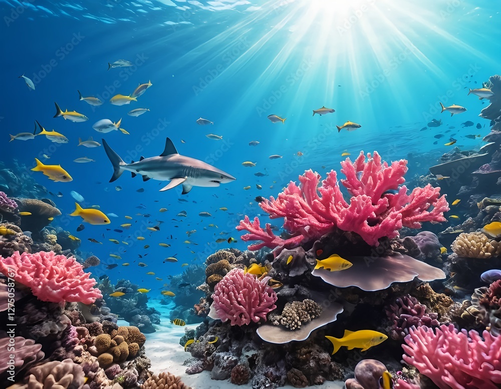 Naklejka premium Vibrant Coral Reef with Grey Reef Shark and Colorful Fish