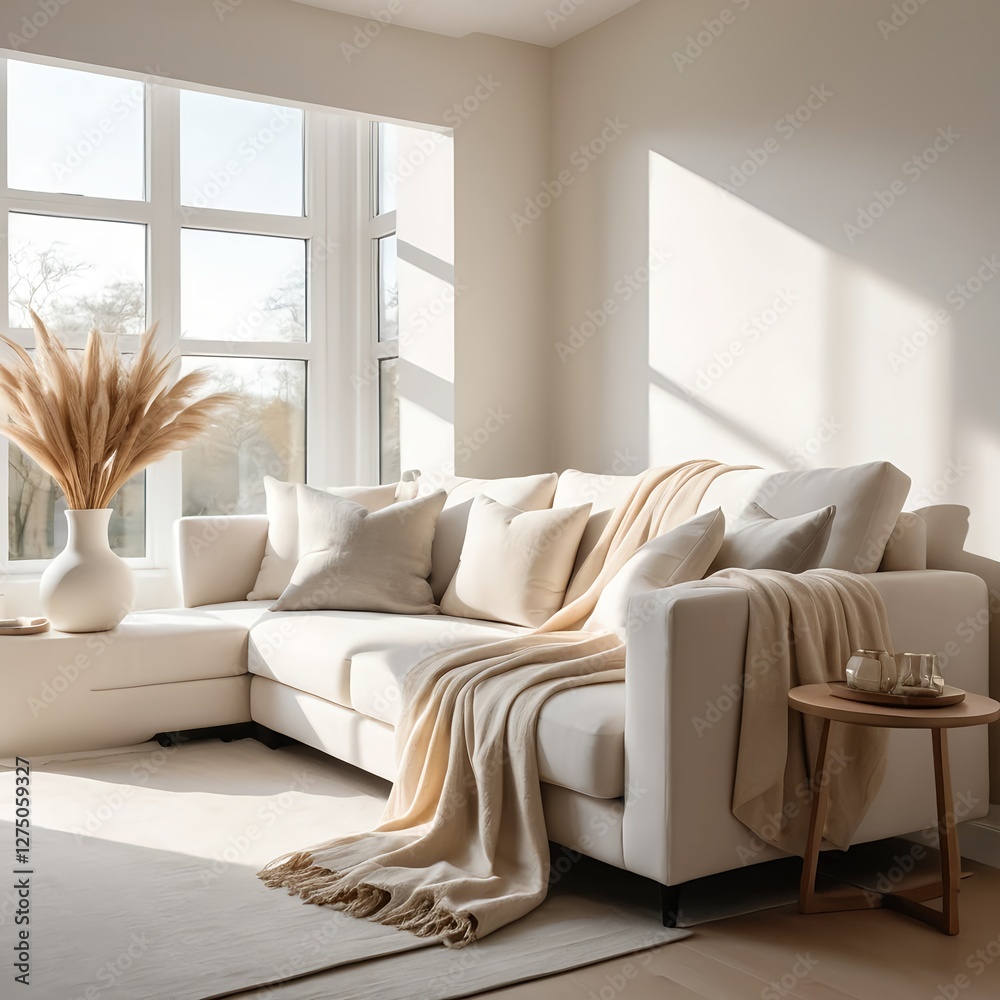 Fototapeta premium Cozy Beige Living Room with Sunlight Streaming Through Window