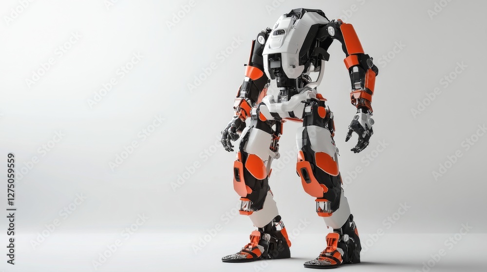 Futuristic robot standing against plain white background. Possible use Sci-Fi illustration for technology or design Futuristic robot standing against plain white background. Possible use Sci-Fi illustration for technology or design