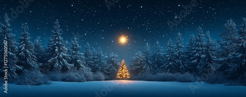 minimalist holiday card design featuring a single glowing star above a snowy forest on a dark blue background, Generative AI