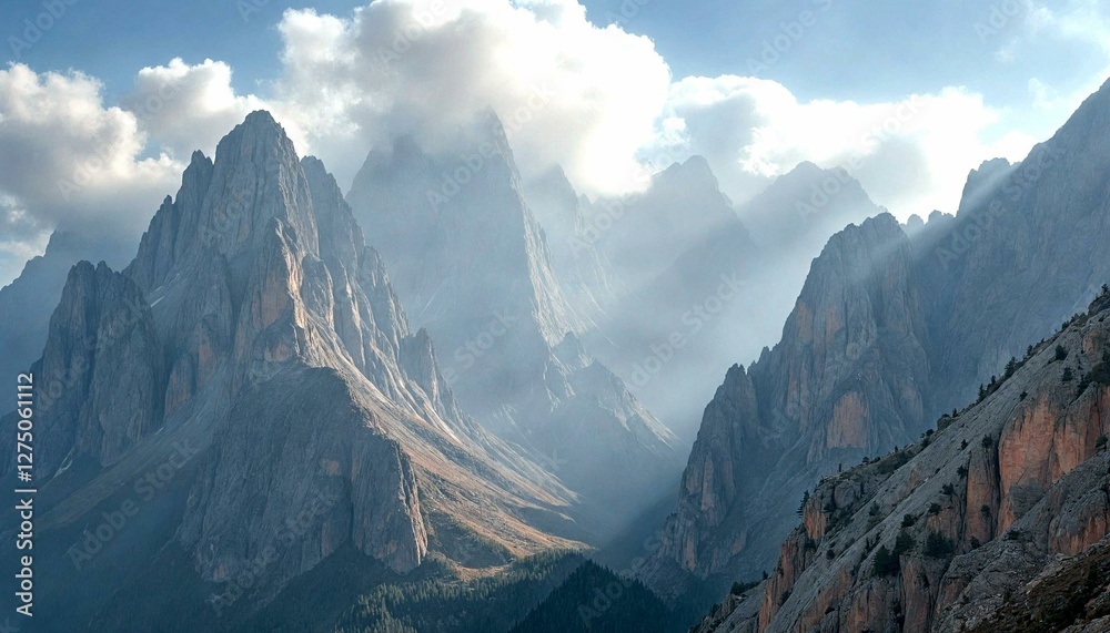 Fototapeta premium Tall mountain peaks with clouds in blue sky