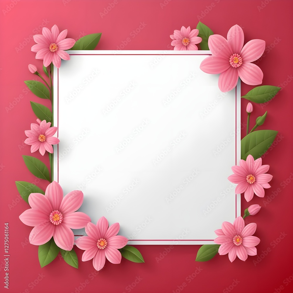 Pink Flowers Frame with Blank White Square Pink Flowers Frame with Blank White Square