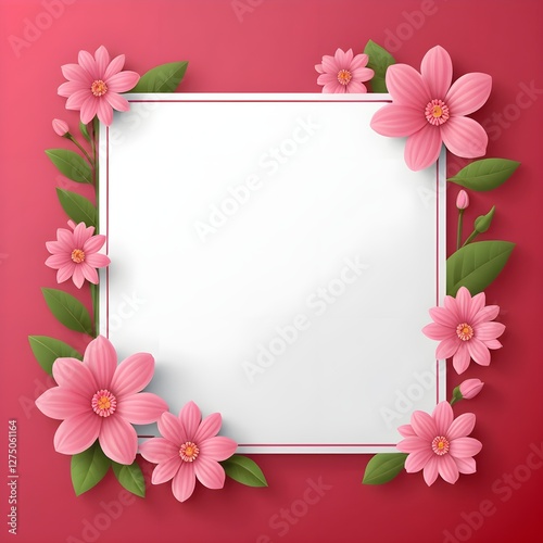 Pink Flowers Frame with Blank White Square