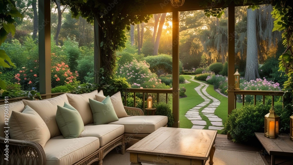 Fototapeta premium A screened porch with comfortable seating and a view of the garden