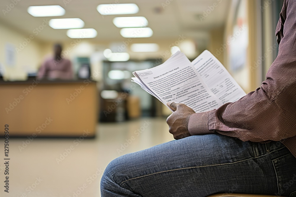 Naklejka premium A man in a waiting room clutches his unemployment documents, listening as names are called