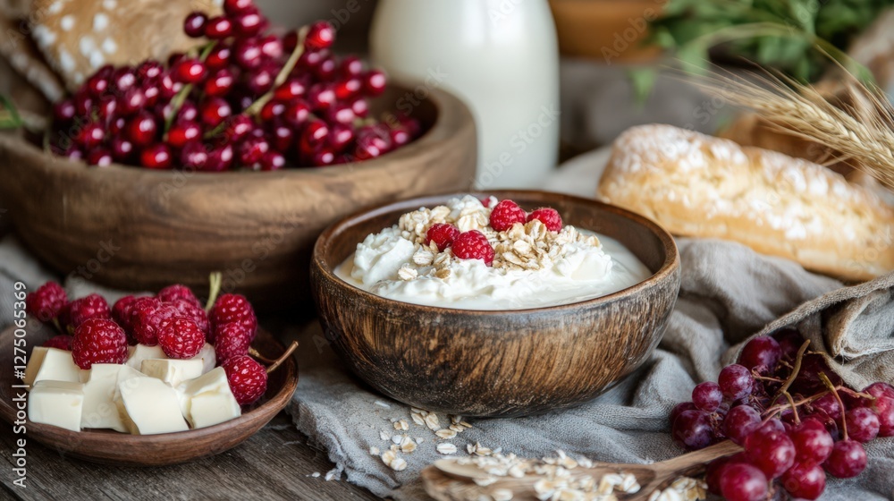 A rustic breakfast scene featuring yogurt topped with raspberries and oats, surrounded by fresh fruits and bread A rustic breakfast scene featuring yogurt topped with raspberries and oats, surrounded by fresh fruits and bread