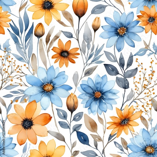 Wallpaper Mural Watercolor Floral Seamless Pattern Blue and Orange Flowers Torontodigital.ca