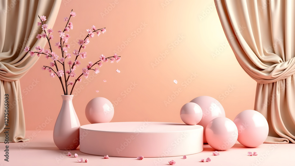 Fototapeta premium A pink podium with cherry blossom in a ceramic vase adds a modern and simple touch.