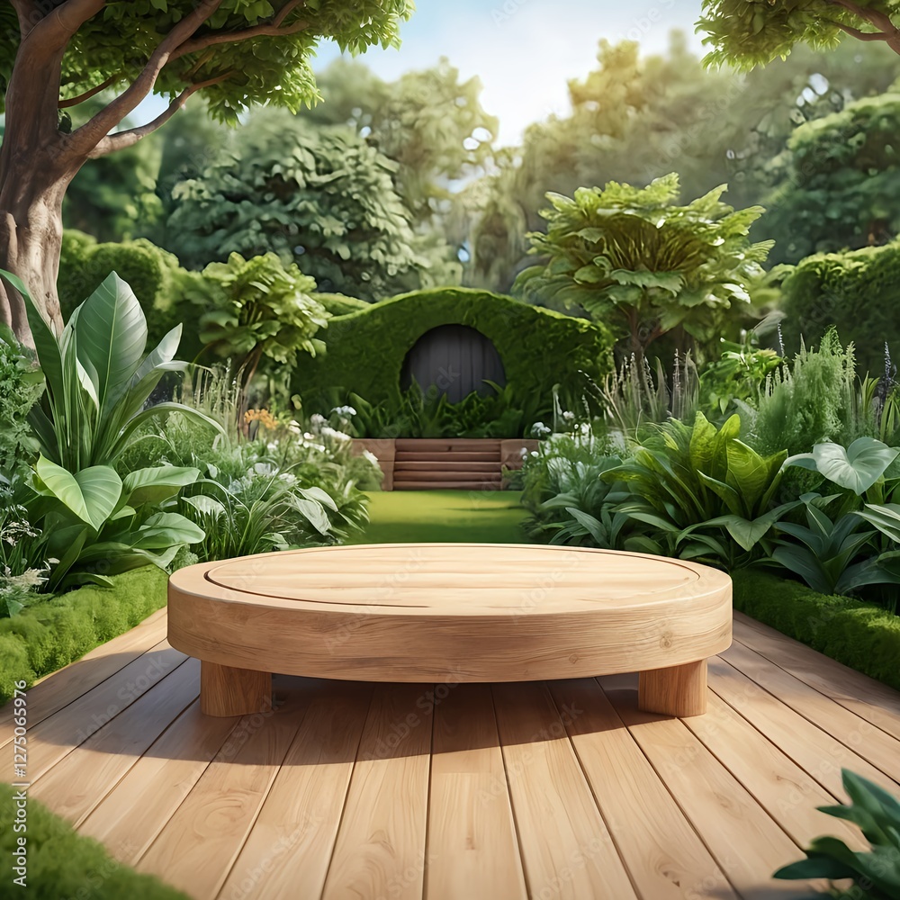 Fototapeta premium Wooden Platform in Lush Garden