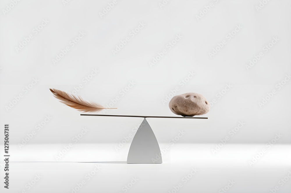 Feather and stone balancing scale. Solid background. Hard and easy method concept. Feather and stone balancing scale. Solid background. Hard and easy method concept.