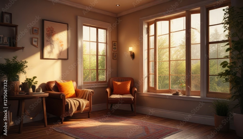 Fototapeta premium Warm light spilling through a window into a cozy reading nook, morning atmosphere, relaxed ambiance