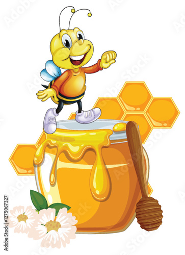 Cheerful Bee on Honey Jar