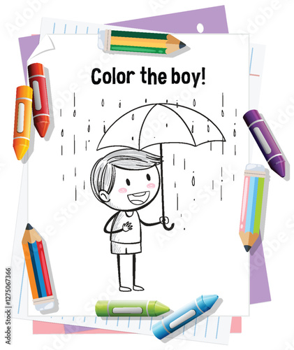 Coloring Page with Boy and Umbrella