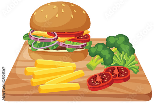 Delicious Burger with Fries and Vegetables