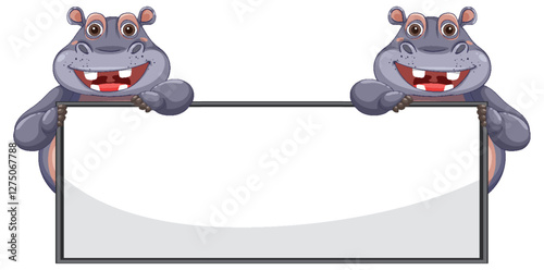 Happy Hippos Holding a Blank Sign