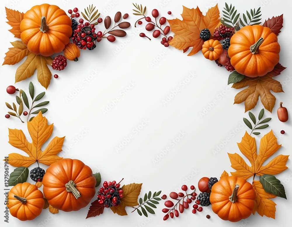 Obraz premium Autumn Harvest Frame with Pumpkins, Leaves, and Berries