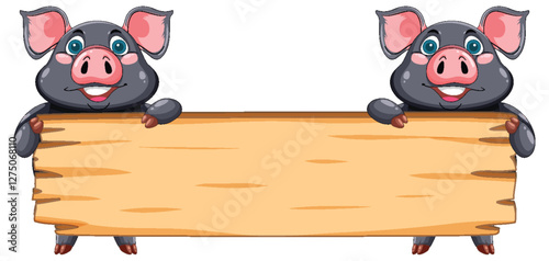 Cute Pigs Holding Wooden Sign