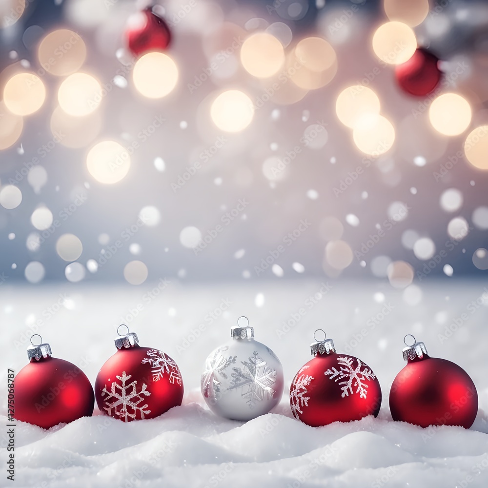 Christmas Ornaments in Snowy Scene with Bokeh Lights Christmas Ornaments in Snowy Scene with Bokeh Lights