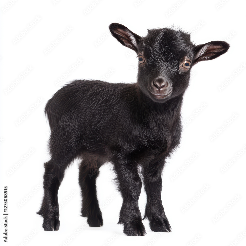 Adorable Baby Goat Standing Alone on a White Background with Curious Expression Adorable Baby Goat Standing Alone on a White Background with Curious Expression