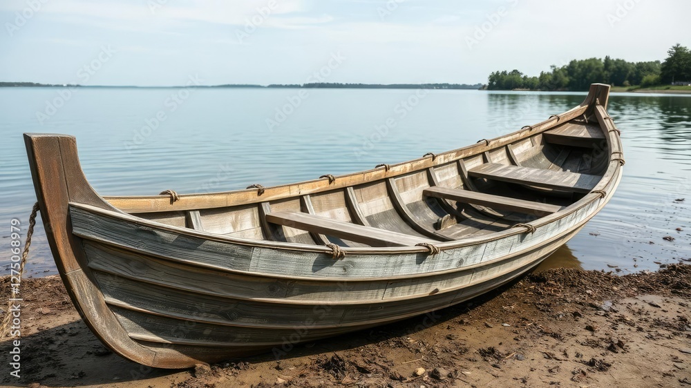 Fototapeta Weathered wooden boat on a lake shore, wooden boats, weathered wood