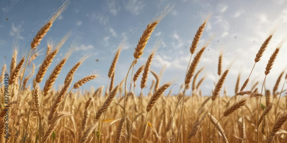 Wheat stalks with falling leaves and ripe grain, fall colors, golden wheat, country scene Wheat stalks with falling leaves and ripe grain, fall colors, golden wheat, country scene
