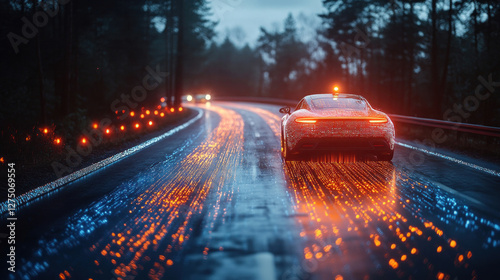 Self-driving car navigating a futuristic highway, with glowing holographic lane markers