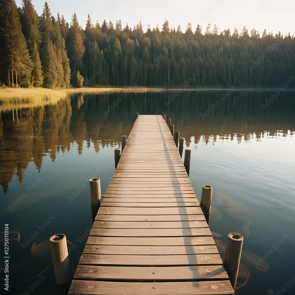 Obraz premium Serene Wooden Dock Extending into a Calm Lake Surrounded by a Forest