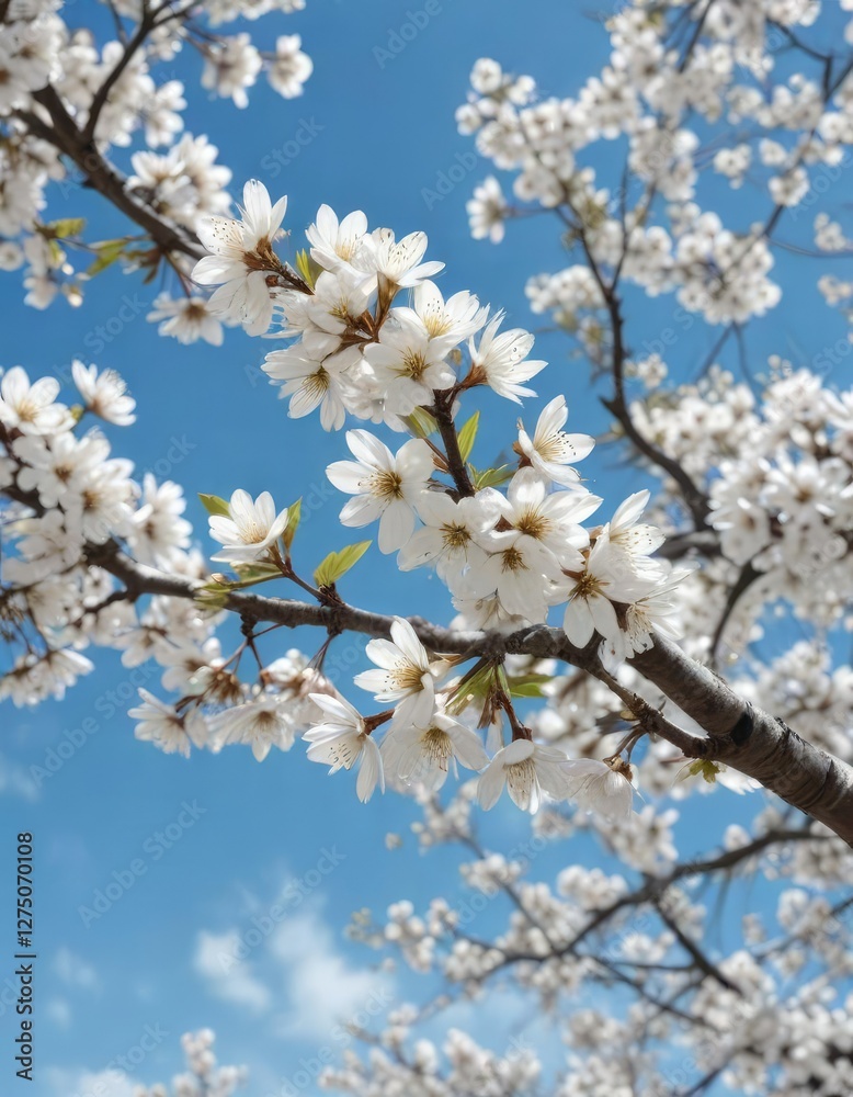 White cherry blossoms adorning tree against blue sky backdrop, outdoor paradise, floral extravaganza, flora and fauna, blooming tree, clear skies White cherry blossoms adorning tree against blue sky backdrop, outdoor paradise, floral extravaganza, flora and fauna, blooming tree, clear skies
