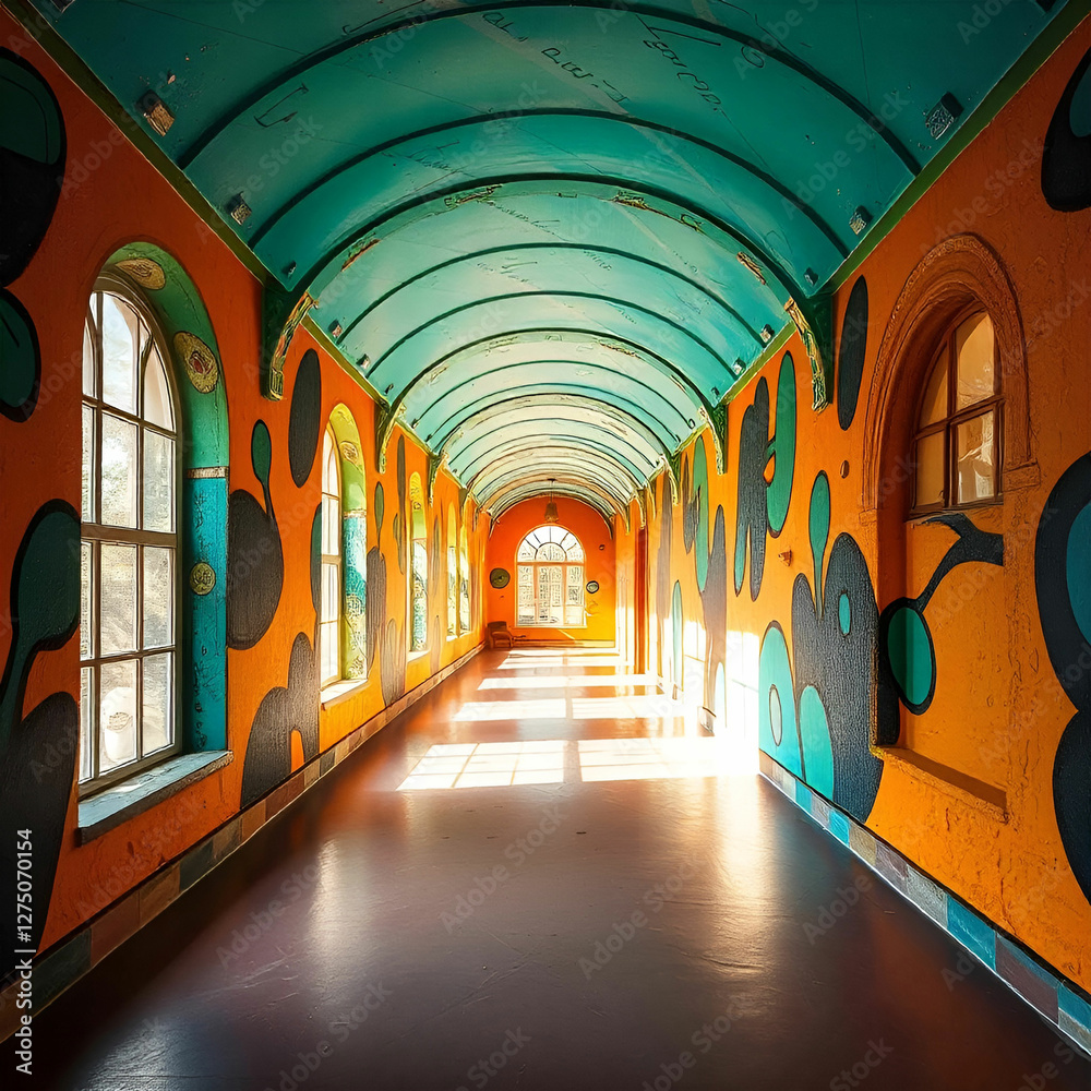 Fototapeta premium A colorful, abstract, and surreal interior space with a long hallway featuring arched ceilings and walls decorated with vibrant, organic shapes and patterns in shades of teal, green, blue, and black.